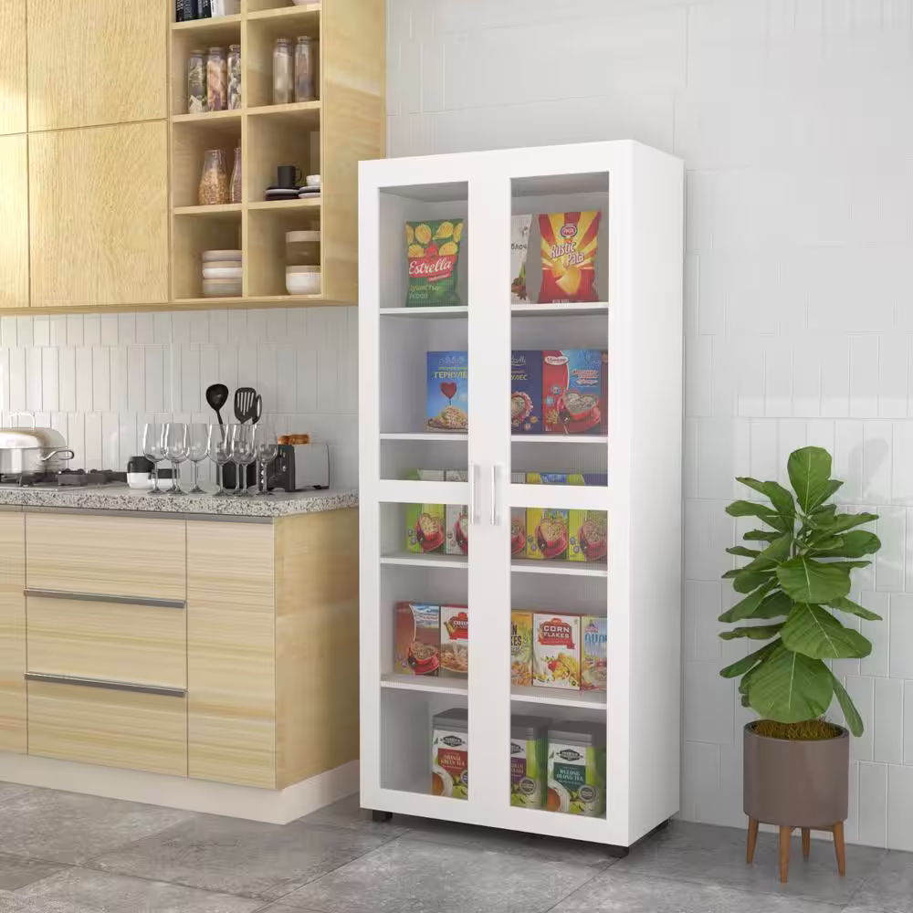 None 72 in. H White Wood Kitchen Food Pantry 2-Door Cabinet, Sideboard with 5-Tier Shelves