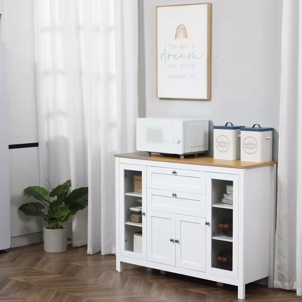 HOMCOM White Buffet Cabinet, Storage Sideboard with Glass Door Cabinets