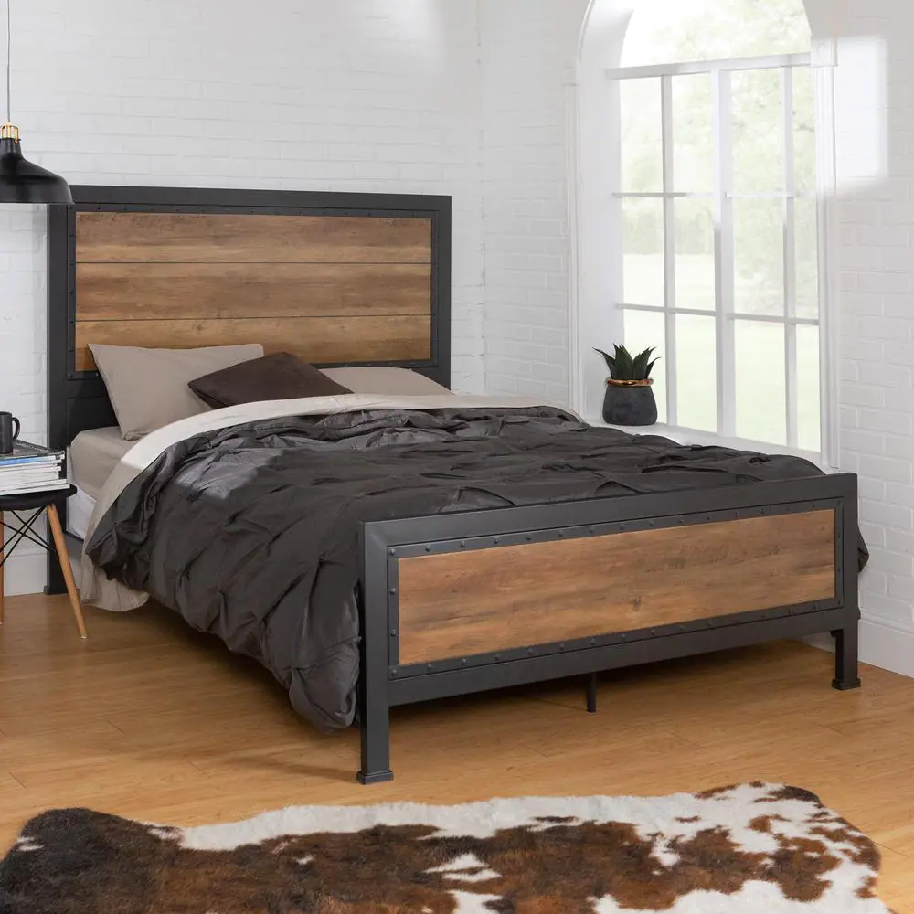 Walker Edison Furniture Company Rustic Home Rustic Oak Queen Size Metal Bed Frame with Wood Accents