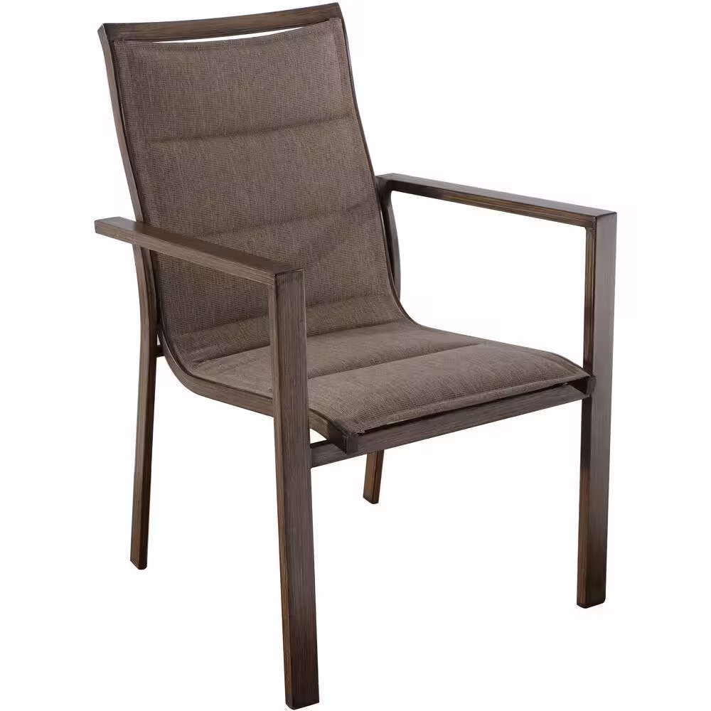 Hanover Fairhope 6 Padded Sling Chairs and a 7-Piece Steel Outdoor Dining Set with 74 in. x 40 in. Trestle Table in Tan