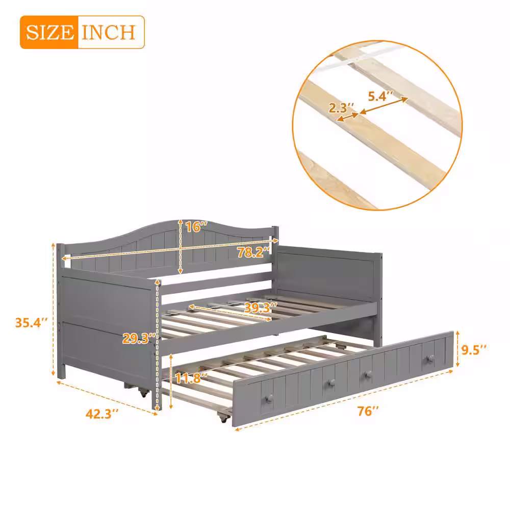 Harper & Bright Designs Gray Twin Wood Daybed with Trundle