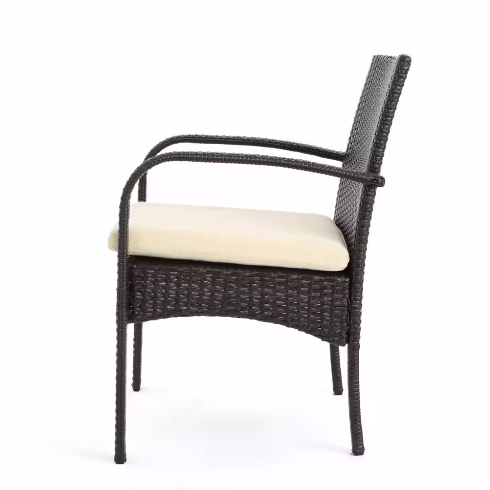 Noble House Ashworth Brown 7-Piece Faux Rattan Outdoor Dining Set with Creme Cushions
