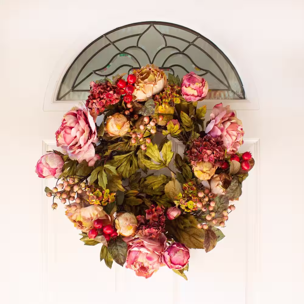 Nearly Natural 24.0 in. Artificial H Red Peony Hydrangea Wreath