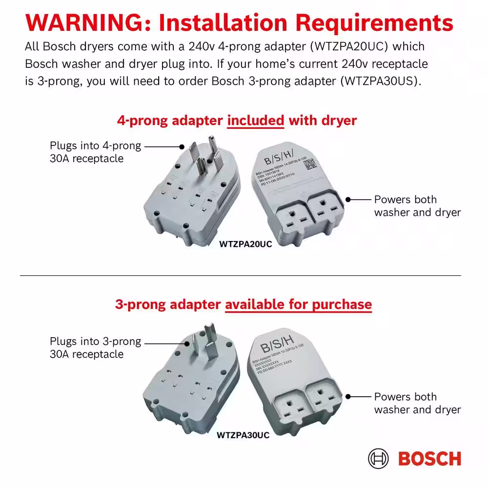 Bosch 500 Series 4 cu. ft. 240-Volt Home Connect White Stackable Electric Ventless Heat Pump Compact Dryer, ENERGY STAR