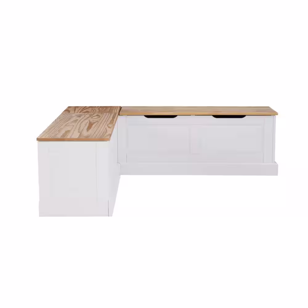 Linon Home Decor Rockhill Natural and White Breakfast Dining Bench backless Nook w Navy Blue 5 piece Cushion Set 62.4 in. W