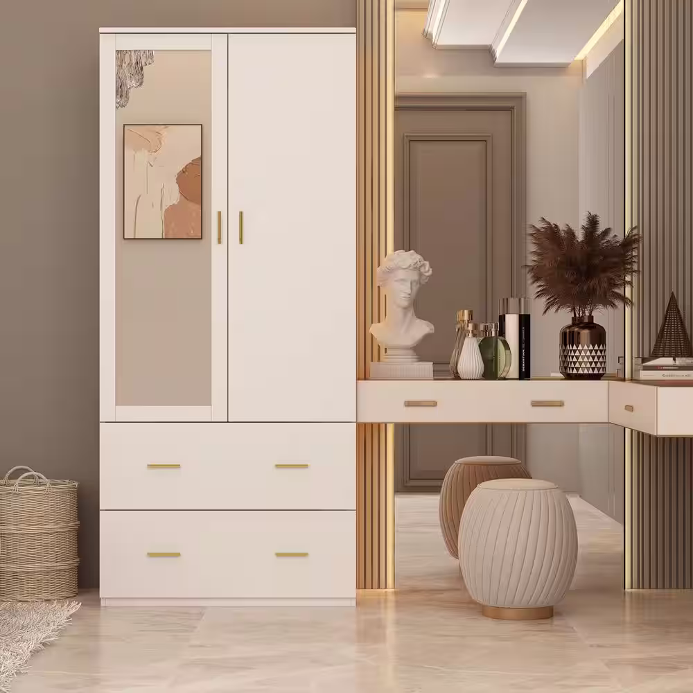 None White 2-Door Armoires with Mirror, Hanging Rod, 2-Drawers and Storage Shelves( 18.9 in. D x 31.5 in. W x 72 in. H)
