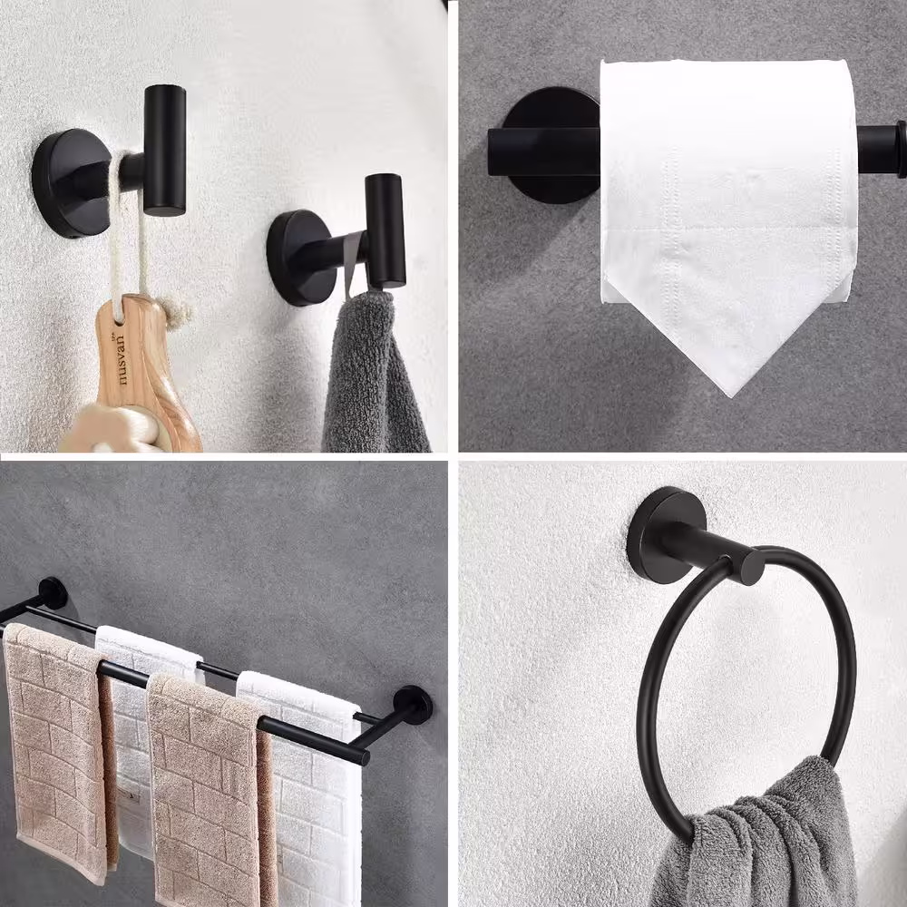 Interbath 5-Piece Bath Hardware Set with Towel Ring Toilet Paper Holder Towel Hook and Towel Bar in Stainless Steel Matte Black