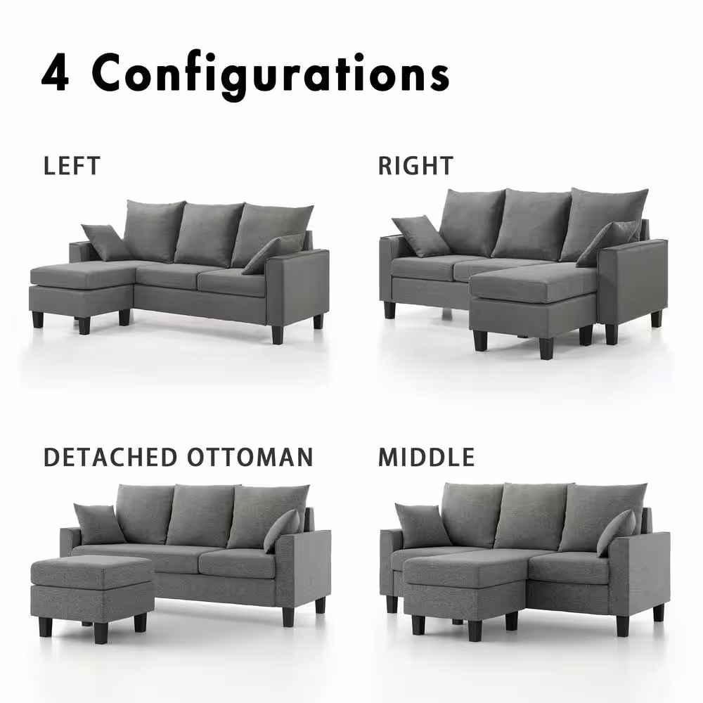 None Tully 74 in. W Straight Arm 1-Piece Polyester L-Shaped Sectional Sofa in Gray