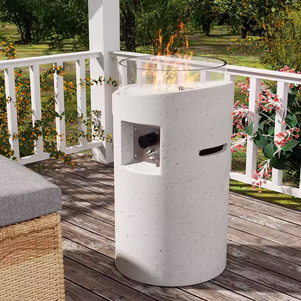 None 40000-BTU 25.8 in. H x 16.1 in. W White Concrete Propane Round Picnic Tables Outdoor Fire Pit Table with Glass Wind