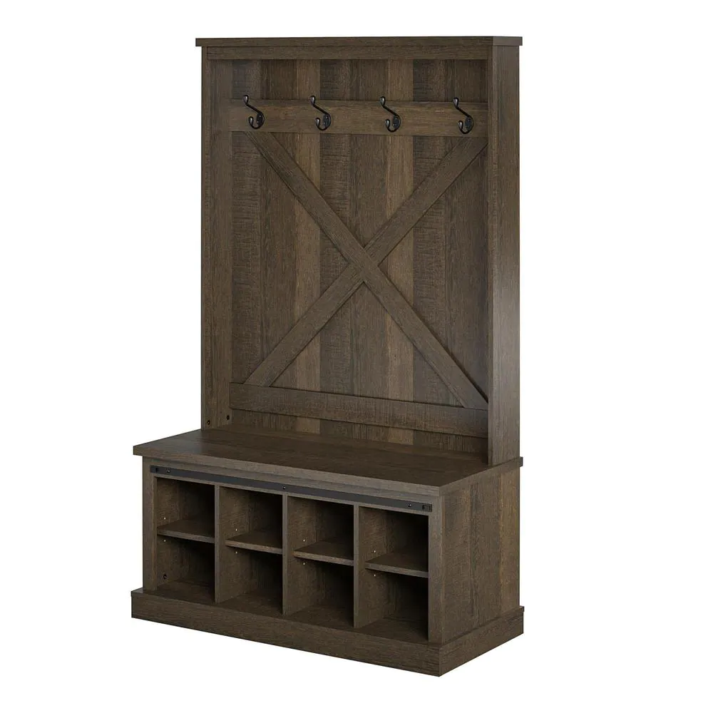 Ameriwood Home Bayshore Heights Brown Oak Entryway Bench with Hall Tree