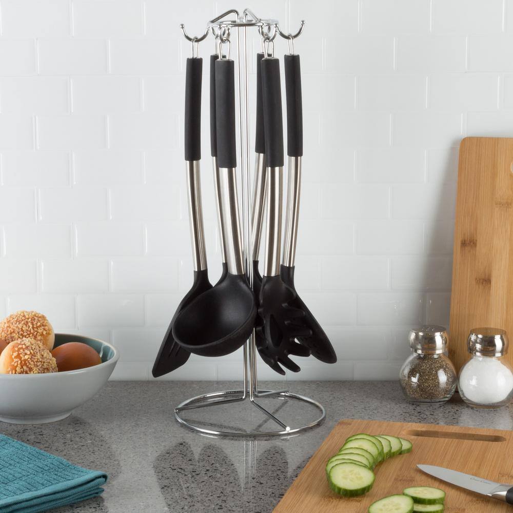 None 7-Piece Kitchen Utensil Set Stainless-Steel and Silicone Cooking Tools with Organizing Stand Nonstick and Heat Resistant