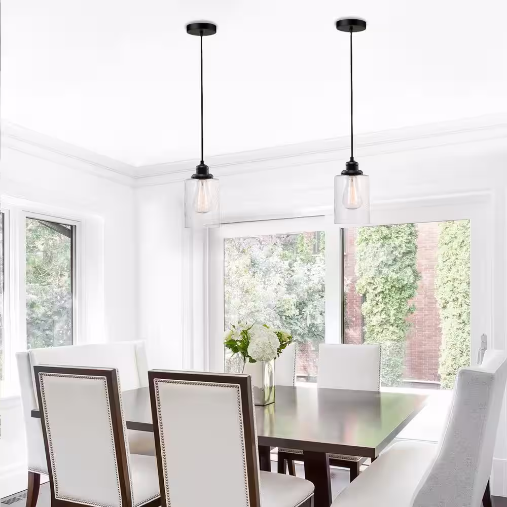 Globe Electric Annecy 1-Light Plug-In or Hardwire Dark Bronze Pendant Light with Seeded Glass Shade
