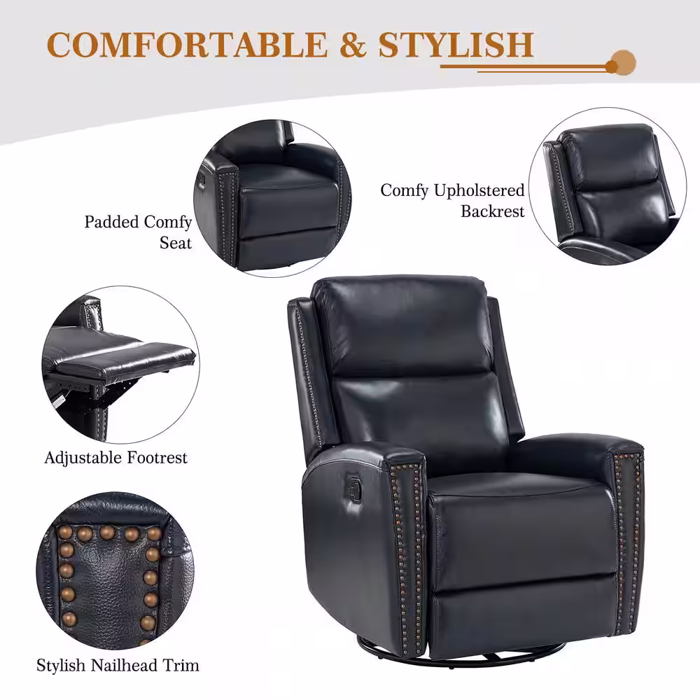 None Savino Minimalist design 30.31 in. Wide Genuine Leather Swivel Rocker Recliner with Nailhead Trim and Tufted Back- Navy