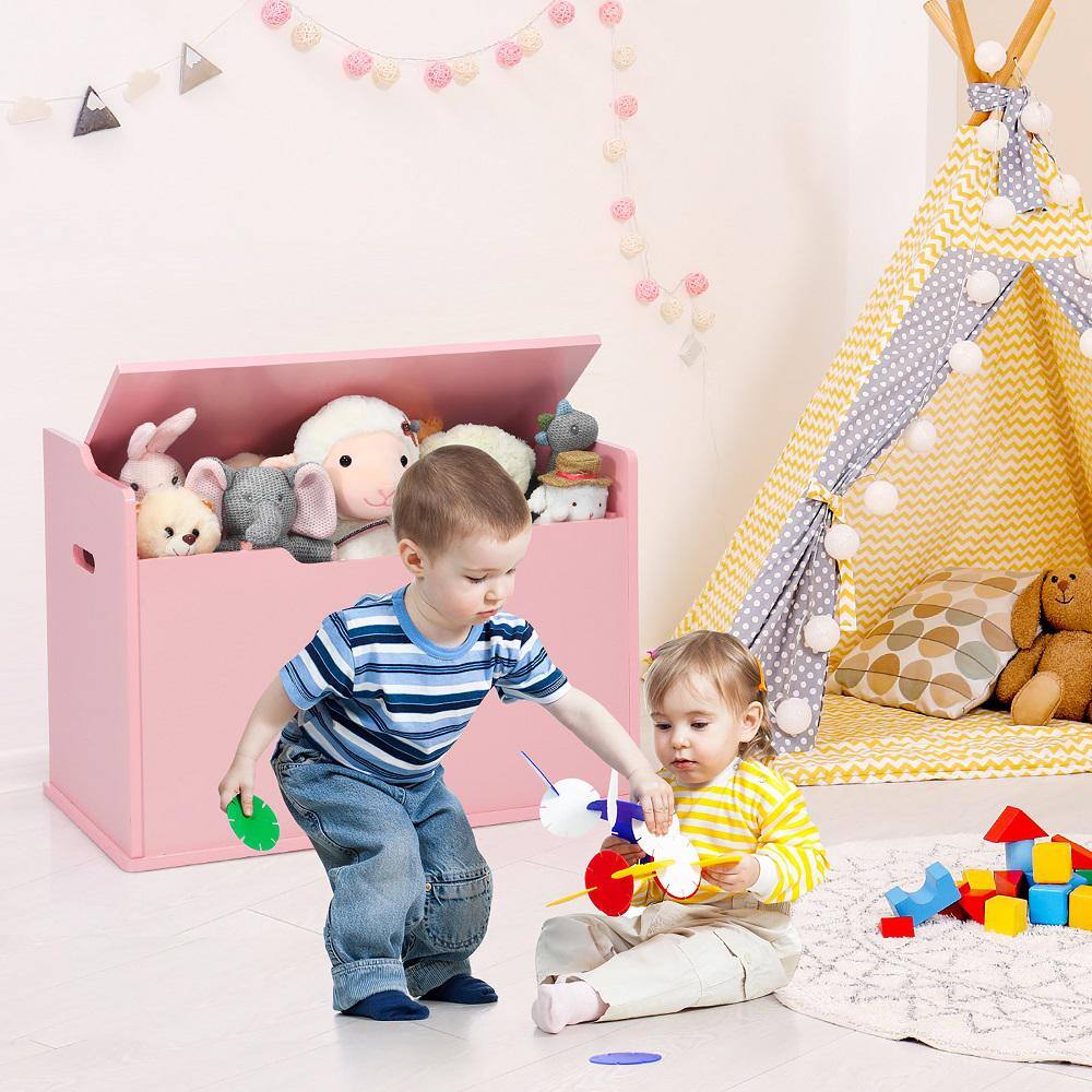 Costway Pink Kids Toy Box Wooden Flip-top Storage Chest Bench with Cushion Safety Hinge