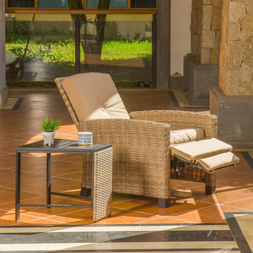 None Brown 2-Piece Wicker Outdoor Bistro Recliner Set with Khaki Cushions
